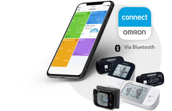 Celular com dados estatisticos na tela junto com cinco aparelhos de monitoramento via Bluetooth® Omron